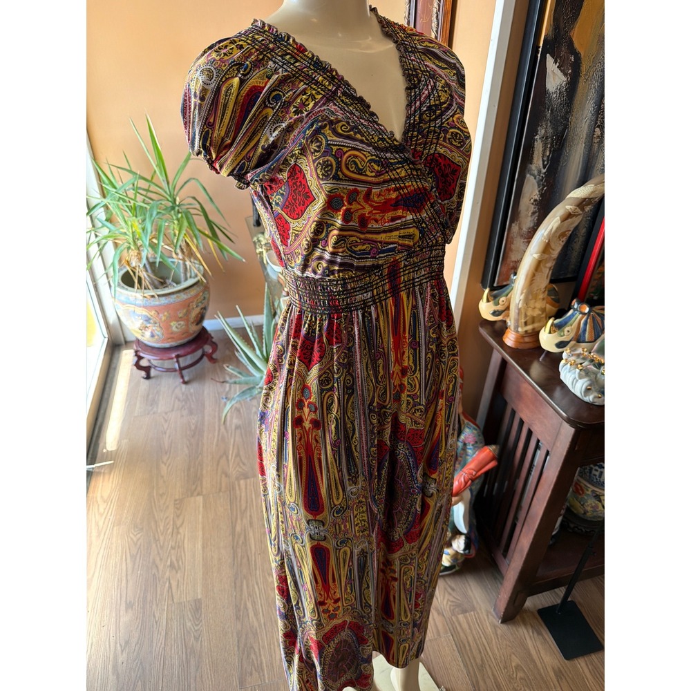 Boho Paisley Print Wide Leg Jumpsuit Smocked Waist V-Neck Red Gold Multi